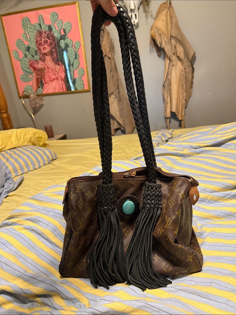 Vintage Boho Louis Vuitton Brown Monogram Tote with Black Braided Tassel Handles